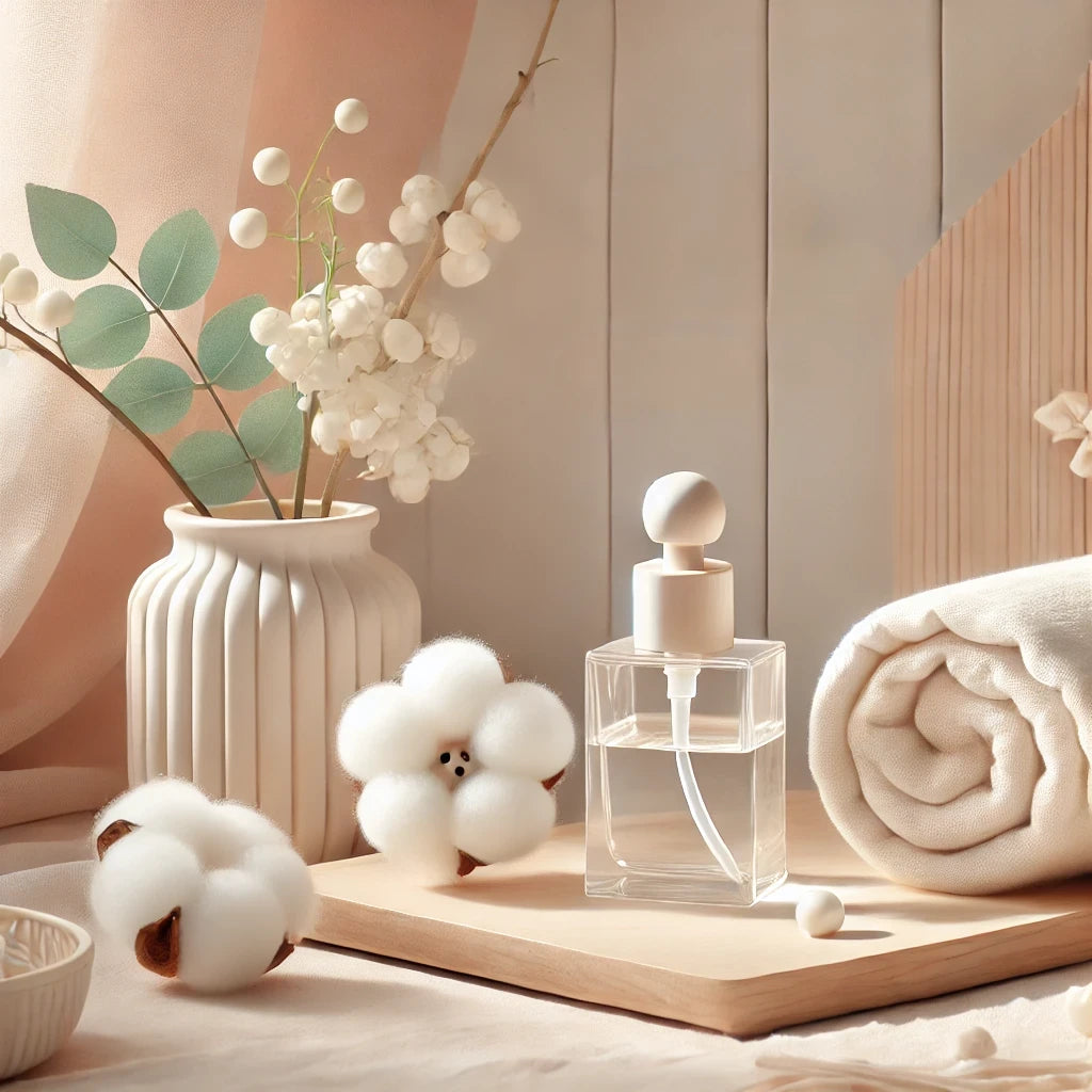 It conveys a bright, accessible, and welcoming atmosphere with everyday textures like cotton, light wood, and simple elegance, creating a fresh and affordable vibe.