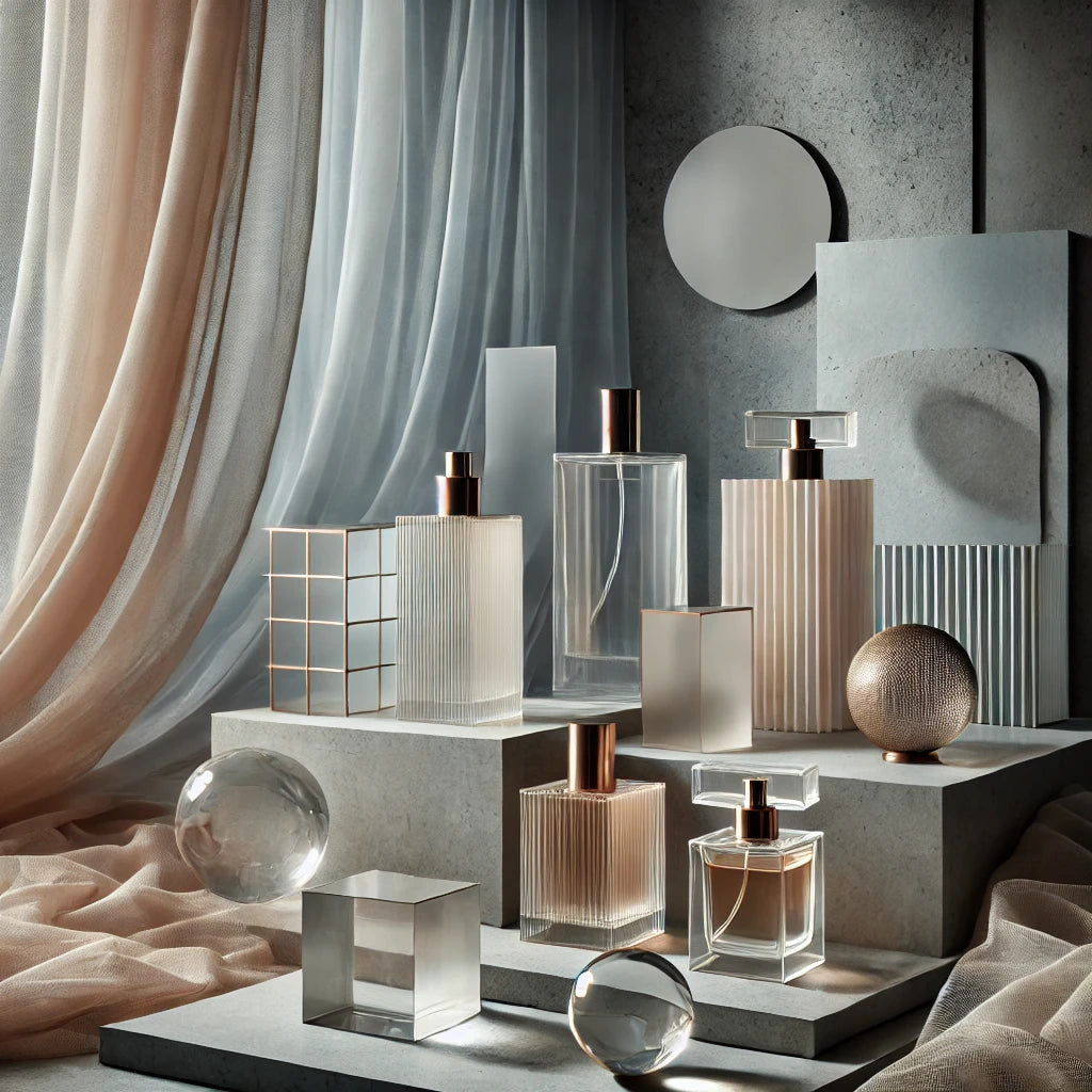 A sophisticated and minimalistic fragrance collection, with abstract textures and refined tones, evoking exclusivity, luxury, and understated elegance.