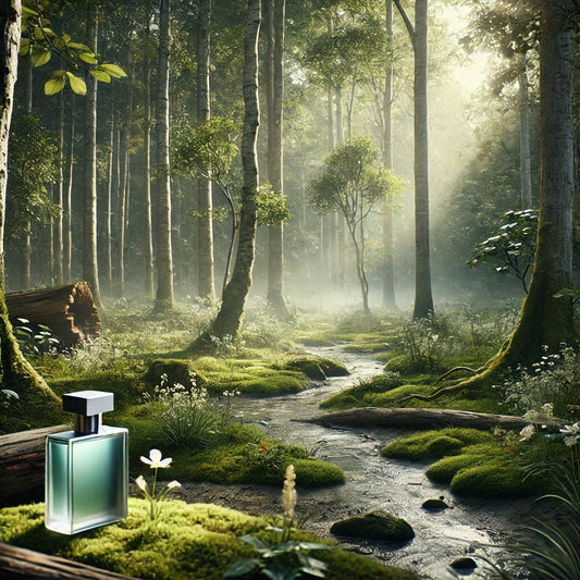 conceptual image for the "Vetiver theme" fragrance, designed to evoke a fresh, earthy atmosphere. It focuses on nature and tranquility, with lush green foliage and a serene forest environment.