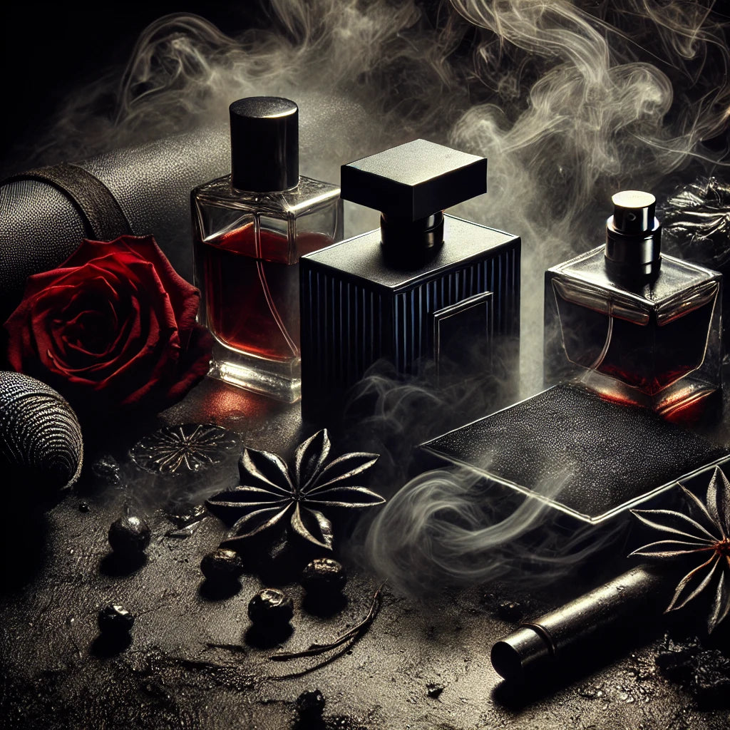 It reflects a dramatic and edgy vibe, perfect for a fragrance collection centered around villains. The image captures the essence of rebellion and charisma with deep shadows and bold textures.