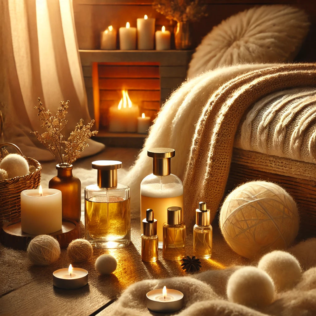 Warmth and comfort captured in fragrance, with cozy and inviting tones, creating a soothing and comforting atmosphere.