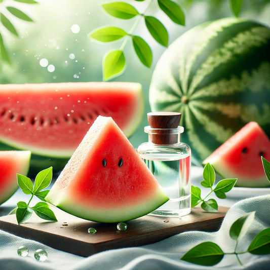 A refreshing watermelon fragrance evoked through juicy watermelon slices, vibrant green leaves, and a summer-inspired atmosphere, capturing the essence of fruity zest and light, airy freshness.