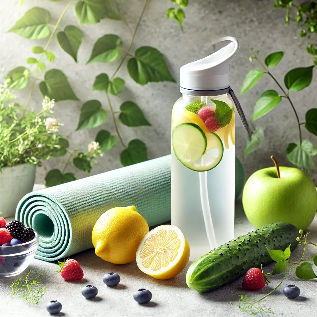 A refreshing and invigorating scene symbolizing weight loss and vitality, featuring fresh fruits like lemon, cucumber, and berries, along with a light gym bottle and yoga mat, surrounded by greenery. The atmosphere exudes energy, health, and motivation.