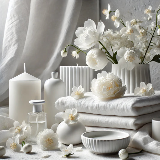 A minimalist and serene white-themed fragrance collection, featuring soft textures, delicate flowers like jasmine and peonies, and a calming atmosphere of luxury and purity.