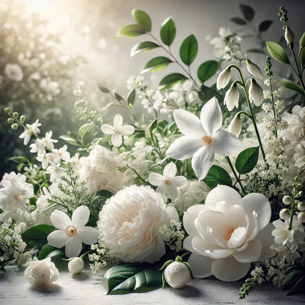 A serene and elegant composition of delicate white flowers like jasmine, magnolia, and gardenia, bathed in soft sunlight. Set against a dreamy, lush garden backdrop, conveying purity, grace, and sophistication.