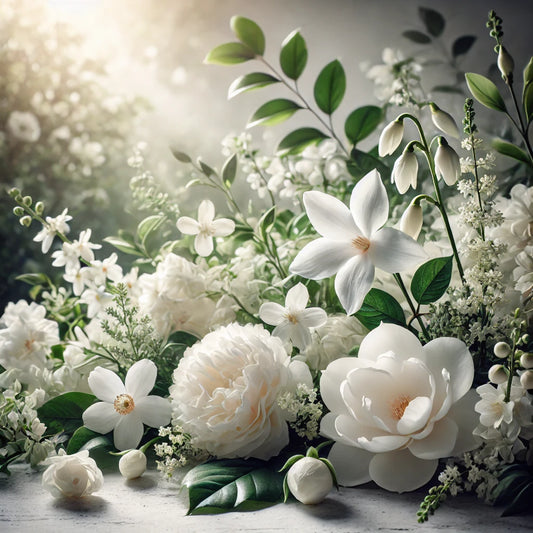 A serene and elegant composition of delicate white flowers like jasmine, magnolia, and gardenia, bathed in soft sunlight. Set against a dreamy, lush garden backdrop, conveying purity, grace, and sophistication.