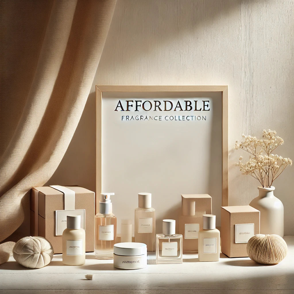 A simple and inviting scene with clean, minimalist elements, light wooden textures, and soft natural lighting, representing an accessible and practical affordable fragrance collection.