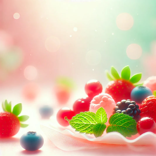 a vibrant and playful scene with fresh berries, soft bokeh lighting, and pastel hues, evoking the freshness and fruity sweetness of the theme.