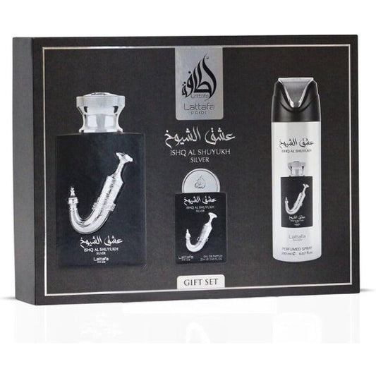 Lattafa Unisex Ishq Al Shuyukh Silver 4pcs EDP Gift Set Fragrances - Luxurious Fragrance Available Online in Hong Kong & China