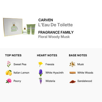Carven LEau De Toilette by Carven for Women - 3 Pc Gift Set 3.33oz EDT Spray, 3.33oz Light Body Cream, 3.33oz Ligth Bath and Shower Gel (Wholesale) - Luxurious Fragrance Available Online in Hong Kong & China
