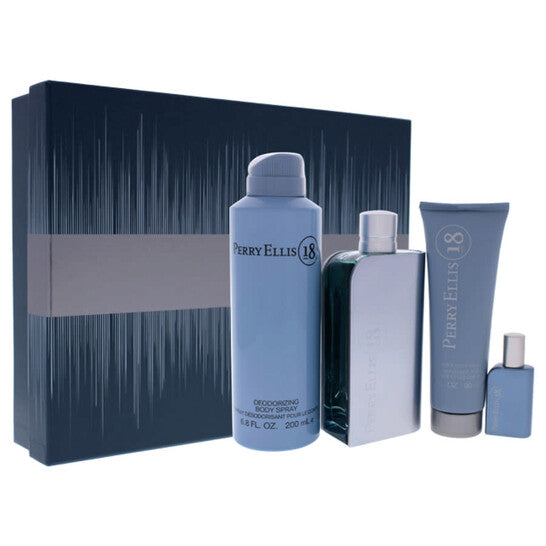 Perry Ellis 18 by Perry Ellis for Men - 4 Pc Gift Set 3.4oz EDT Spray, 7.5ml EDT Spray, 6.8oz Body Spray, 3oz Hair and Body Wash (Wholesale) - Luxurious Fragrance Available Online in Hong Kong & China