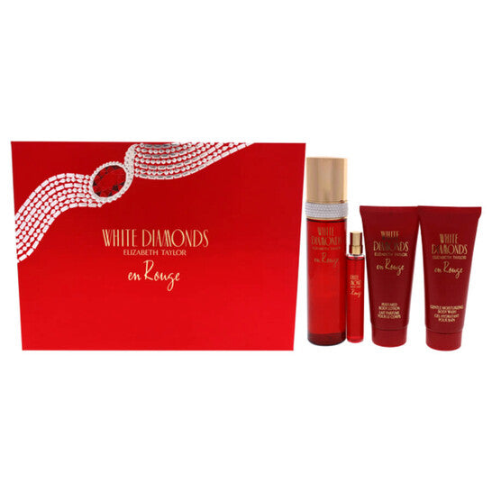 Elizabeth Taylor White Diamonds En Rouge by Elizabeth Taylor for Women - 4 Pc Gift Set 3.3oz EDT Spray, 3.3oz Body Wash, 0.5 EDT Spray, 3.3oz Body Lotion (Wholesale) - Luxurious Fragrance Available Online in Hong Kong & China